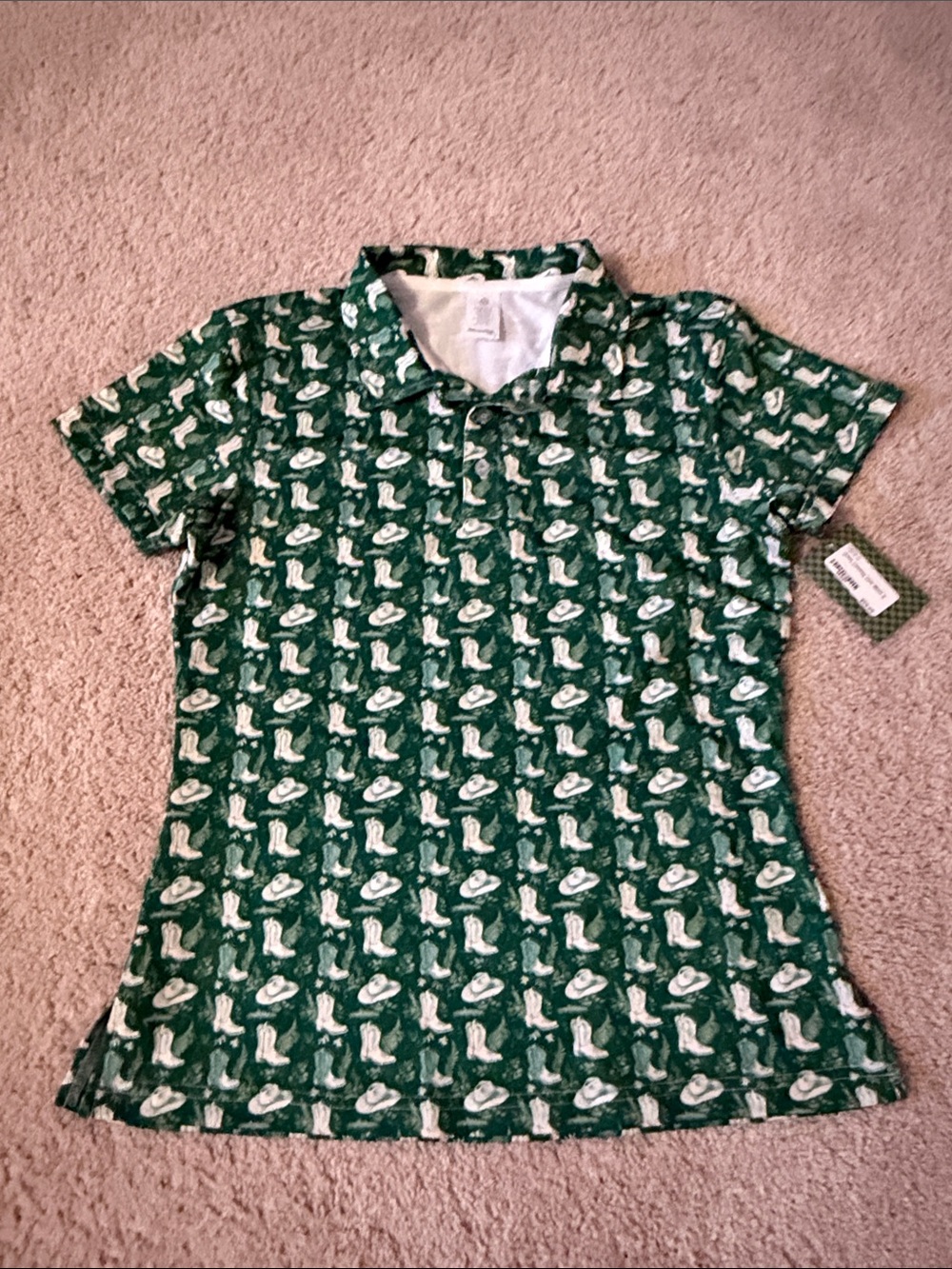 Green cowboy hat and boot printed polo for women size small